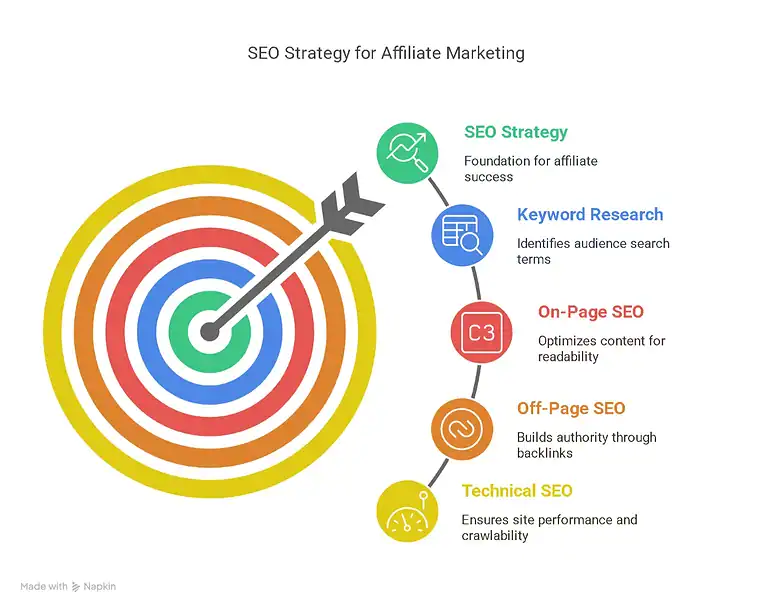 Affiliate marketing SEO strategy diagram. Visual representation of SEO success factors.